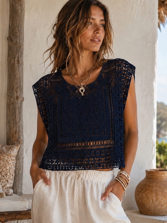 LC Lauren Conrad Tops - Lauren Conrad Navy Blue Crochet Lightweight Boxy Coastal Boho Overlay Top Size M